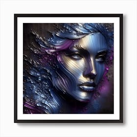Portrait Of A Beautiful Lady - Embossed Artwork in Purple And Blue Metal Art Print
