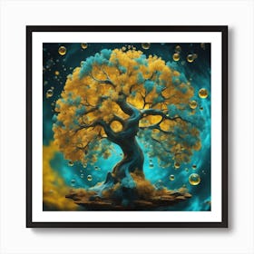 A Colorful Painting With A Blue Oak, In The Style Of Luminous Spheres, Dark Yellow And Turquoise, Wa Art Print