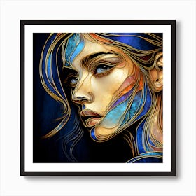 Portrait Of A Beautiful Woman's Face Looking In Style - An Abstract Artwork In Stained Glass Effect With Multi Colors, And Dark Background. Art Print