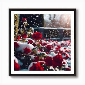 Formal Rose Garden with Red Roses in Falling Snow Art Print