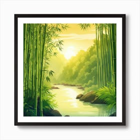 A Stream In A Bamboo Forest At Sun Rise Square Composition 209 Art Print