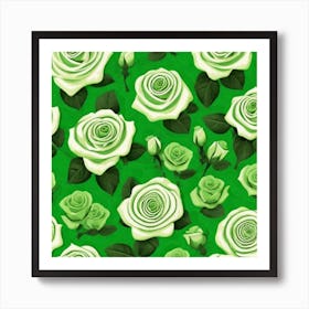 White Roses On Green Background 1 Art Print