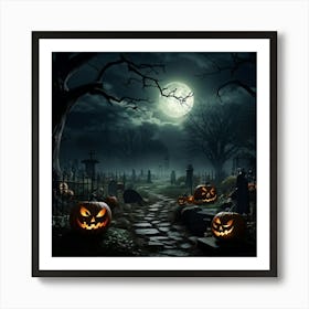 Art Landscape Pumpkin Holiday Design Halloween Fear Moon Skittish Green Grave Dark Scene (28) Art Print