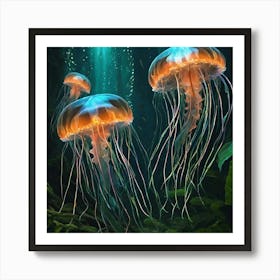 Bioluminescent Jellyfish Fish In A Jungle Fractal Pattern Vibrant By Jacob Lawrence And Francis 992543567 Art Print