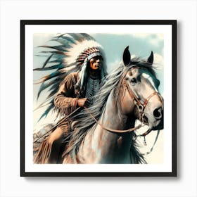 Native American Chief On His Horse Color Drawing 1 Art Print