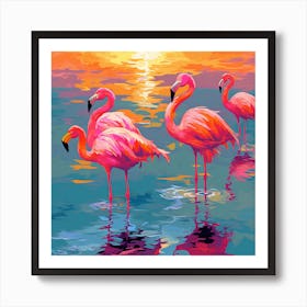 Flamingos At Sunset Art Print