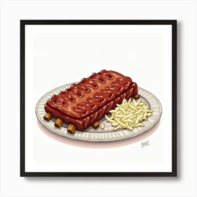 A Whimsical Watercolor Of A Plate Of Tender And Juicy Bbq Ribs With A Side Of Coleslaw Art Print