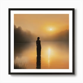 Woman Standing In Water At Sunrise Art Print