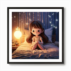 Firefly Chibi, Cute, Folded Hands, Eyes Closed, Smiling, Sitting, Bed, Edge, Stars, Moon, Decoration (11) Art Print