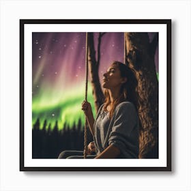Woman looking at the northern lights Art Print