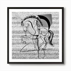 Horse And Rider, black, white, and grey illustration, Wall Art Art Print