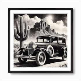Car and Cactus: A Simple and Elegant Black and White Photograph of a Car and a Cactus in the Desert Art Print