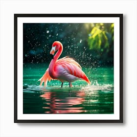 Firefly Green, Soft, Plush, Flamingo, Swimming, Transparent, Glass Lake, Sunlight, Snow, Falling, Re (1) Art Print