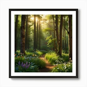 A Vibrant Springtime Forest With Fresh, Green Foliage And Blooming Flowers 1 Art Print