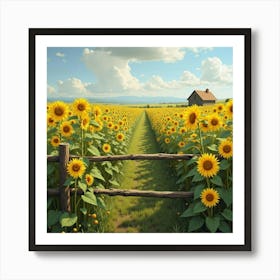 A Picturesque Scene Of A Field Of Wild Sunflowers With A Rustic Fence 1 Art Print