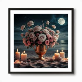 vase of Roses ander moon light Art Print