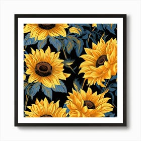 Sunflowers On Black Background Art Print