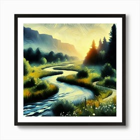 An Impressionist Illustration Depicts A River Winding Through A Meadow Featuring A Thick Black Outline Art Print