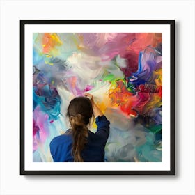 Talented Innovative Female Artist Draws with Her Hands on the Large Canvas, Using Fingers She Creates Colorful, Emotional, Sensual Oil Painting. Contemporary Painter Creating Abstract Modern Art Art Print