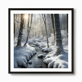 Banks of the Winter Woodland Stream in Snow Art Print