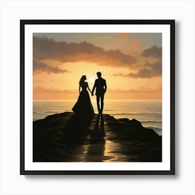 Couple Holding Hands At Sunset art print Art Print