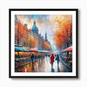 Amsterdam cafes, autumn season, rain, autumn oil colours.Faded colours,People passing on the street, winter clothes, rain umbrellas.10 Art Print