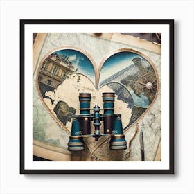 Firefly A Paris, France Vintage Flatlay, Travel, Binoculars, Love, Map, Stamp, Flight 83011 Art Print