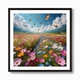 Colorful Flower Field With Butterflies 1 Art Print