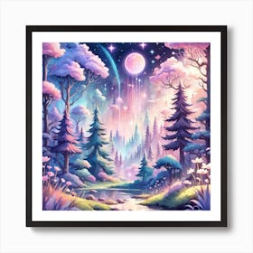 A Fantasy Forest With Twinkling Stars In Pastel Tone Square Composition 57 Art Print