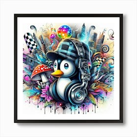 Penguin With Headphones 8 Art Print