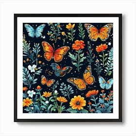 Watercolor Butterflies And Flowers, A Butterfly Garden With Various Species art print Art Print