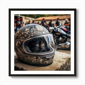 Black Cat In Motorcycle Helmet Art Print