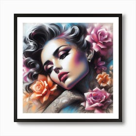 Tattooed Woman With Roses 1 Art Print