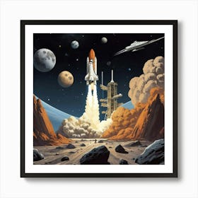 Space Odyssey Retro Poster Featuring Asteroids Rockets 0 Art Print