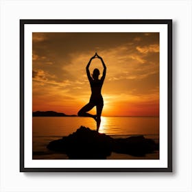 Silhouette Of Woman Doing Yoga At Sunset Art Print