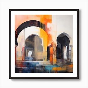 Abstract Contemporary Art Print - Orange, Blue & Red Archways Art Print