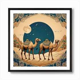 Camels At Night, Beige, Brown & Turquoise Art Print