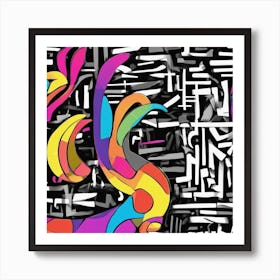 An Image Of A Bunny With Letters On A Black Background, In The Style Of Bold Lines, Vivid Colors, Gr (2) Art Print