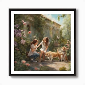 Two Girls And Dogs Art Print