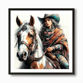 Cowgirl Beauty On A Checked Horse Color Drawing 1 Art Print