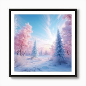 A Winter Forest Landscape Where The Frost Laden Trees Cradle The Crystal Clear Sky Painted In Vivi Art Print