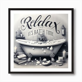 A Cozy and Comforting Bath: A Realistic Drawing of a Bathtub with a Rubber Duck, a Candle, and a Book on the Edge Art Print