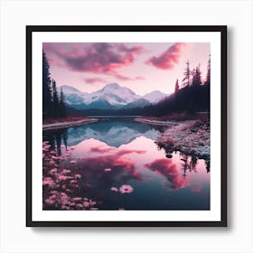 Pink Flowers In A Lake Art Print