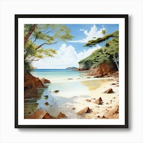 Watercolour Landscape Virgin Island Beach Earthy Tones Such As Terracotta Olive Green Art Print