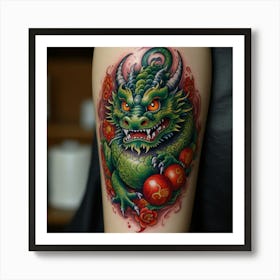 Neo oriental tattoo style dragon with a daruma and a kappa Art Print