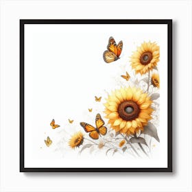 Radiant Sunflowers and Butterflies Gracefully Art Print