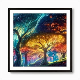 A captivating scene of trees that appear to be alive, with twinkling lights and vibrant 12 Art Print