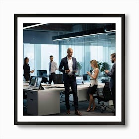 Confident Ceo Standing Center At A Sleek Modern Office Workshop Surrounded By Focused Team In Moti (5) Art Print