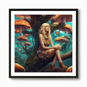 Girl Sitting On A Tree With Mushrooms Art Print