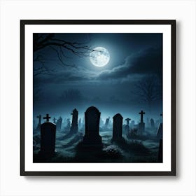 Gravestones Casting Long Ominous Shadows Under A Full Moon A Rising Mist Shrouding The Undead Figu (6) Art Print